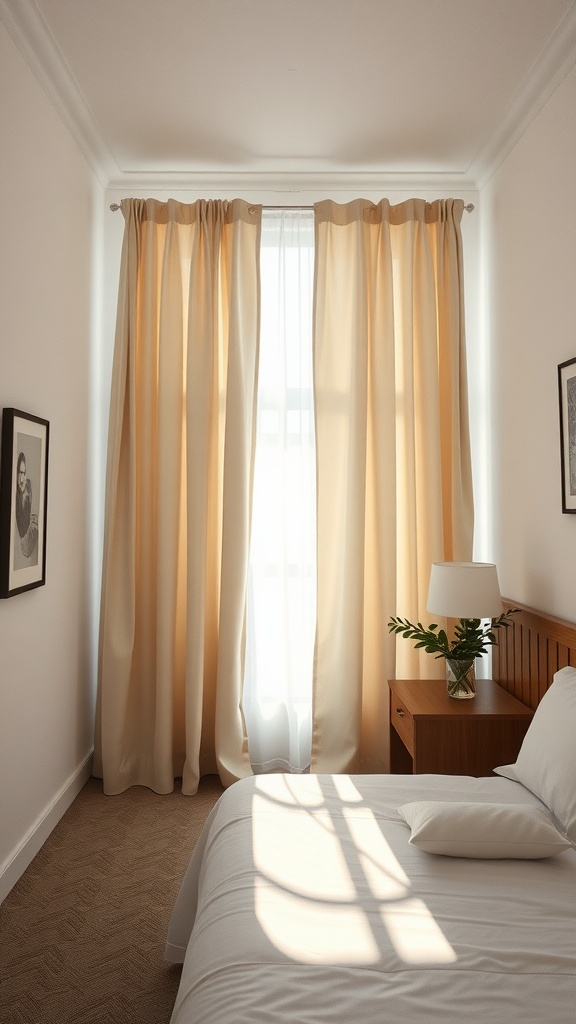 A small guest bedroom with light-colored curtains enhancing the window, a wooden nightstand, and a cozy bed.