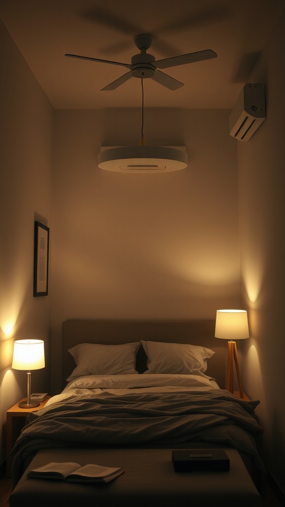 A cozy bedroom featuring layered lighting with a ceiling fan and bedside lamps, creating a warm atmosphere.