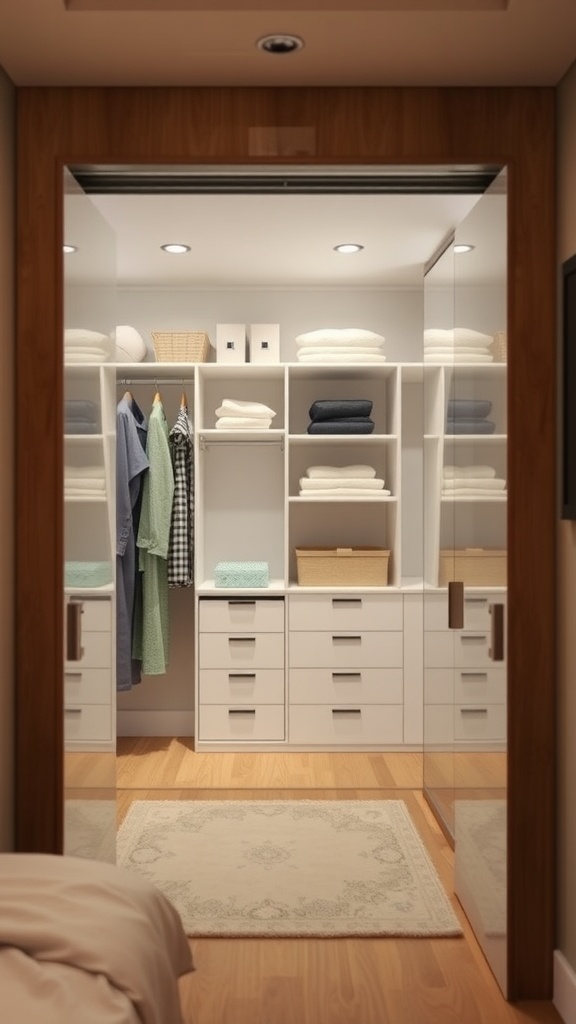 Interior view of a small wardrobe with organized clothes and storage.