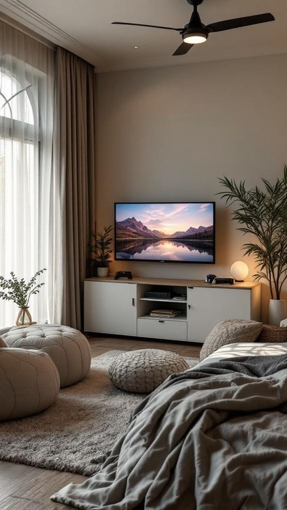 Cozy entertainment corner in a bedroom with a TV, poufs, and plants.