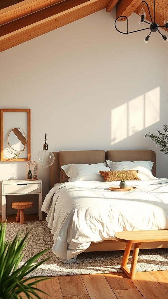 A cozy bedroom with natural light, featuring a bed, wooden furniture, and plants.