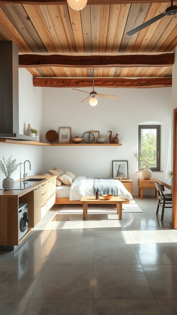 A modern kitchen featuring smooth epoxy coated floors, wooden ceiling beams, and a cozy atmosphere.
