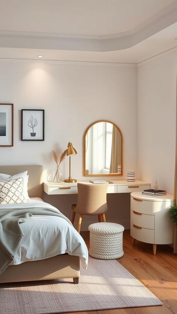 A cozy bedroom featuring a vanity and desk combo with a comfortable chair, lamp, and decorative elements.
