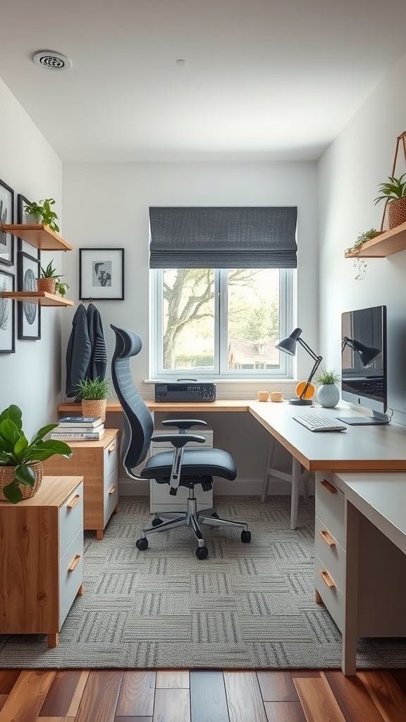 A small home office featuring an ergonomic chair, a desk with a computer, and plants for decoration.