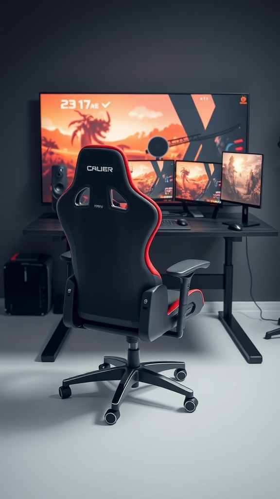 A modern ergonomic gaming chair in front of multiple monitors and a large screen
