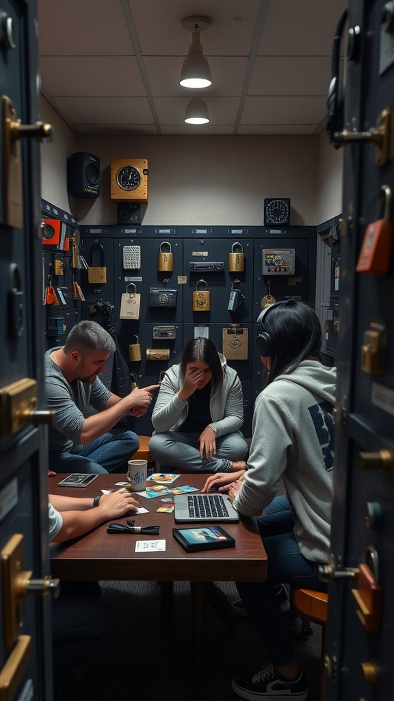 Group of friends participating in an escape room challenge, focused on solving puzzles and clues.