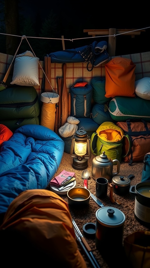 Cozy tent setup with sleeping bags, cooking gear, and a lantern, showcasing essential camping gear.