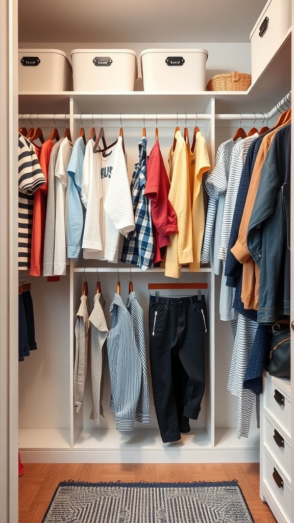 A well-organized kids' closet featuring a range of colorful clothing items, including shirts, pants, and storage bins.