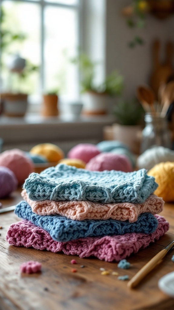 A stack of colorful crochet dishcloths in pastel shades on a wooden table, with yarn and a crochet hook in the background.