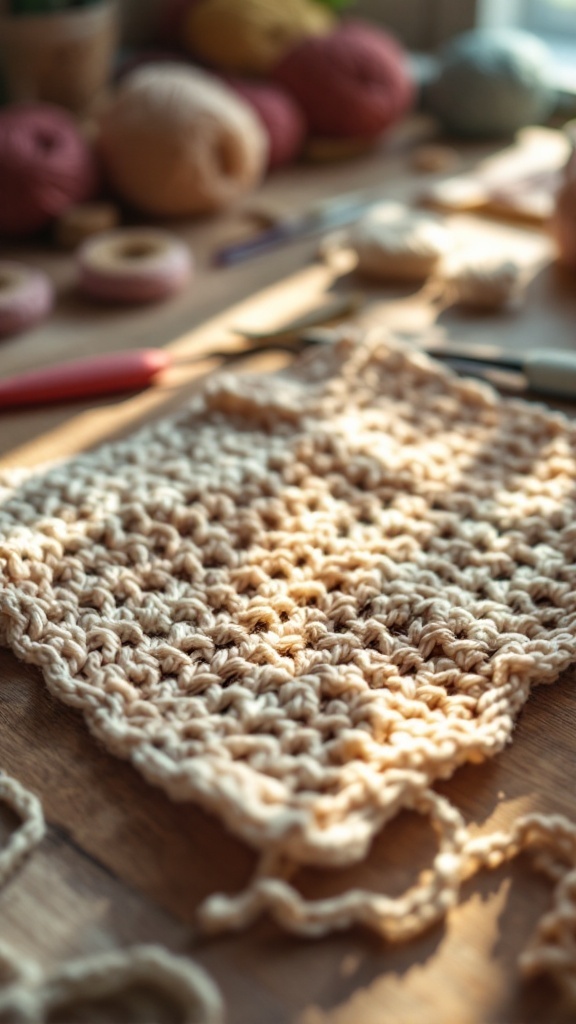 A close-up of a crocheted fabric in a natural color, surrounded by colorful yarns and crochet tools.