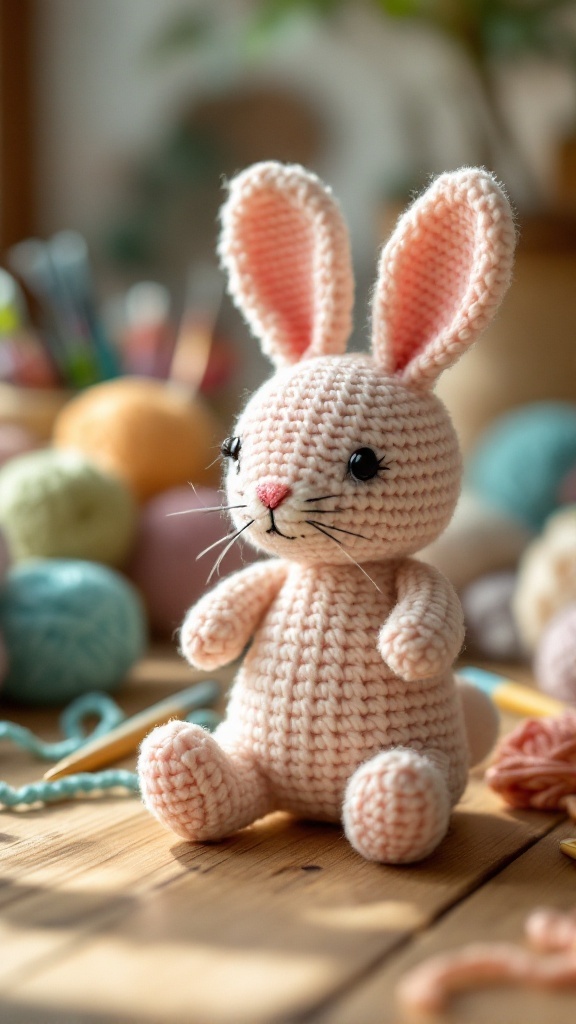 A cute pink crochet bunny sitting among colorful yarn balls and crochet tools.