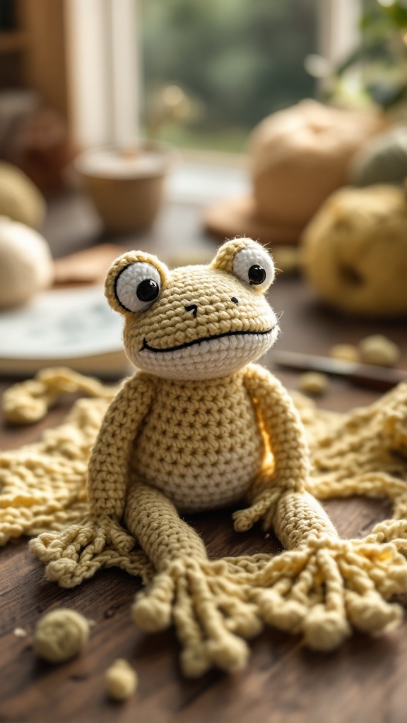 A cheerful crochet frog with large eyes, sitting on a table surrounded by yarn and crafting materials.
