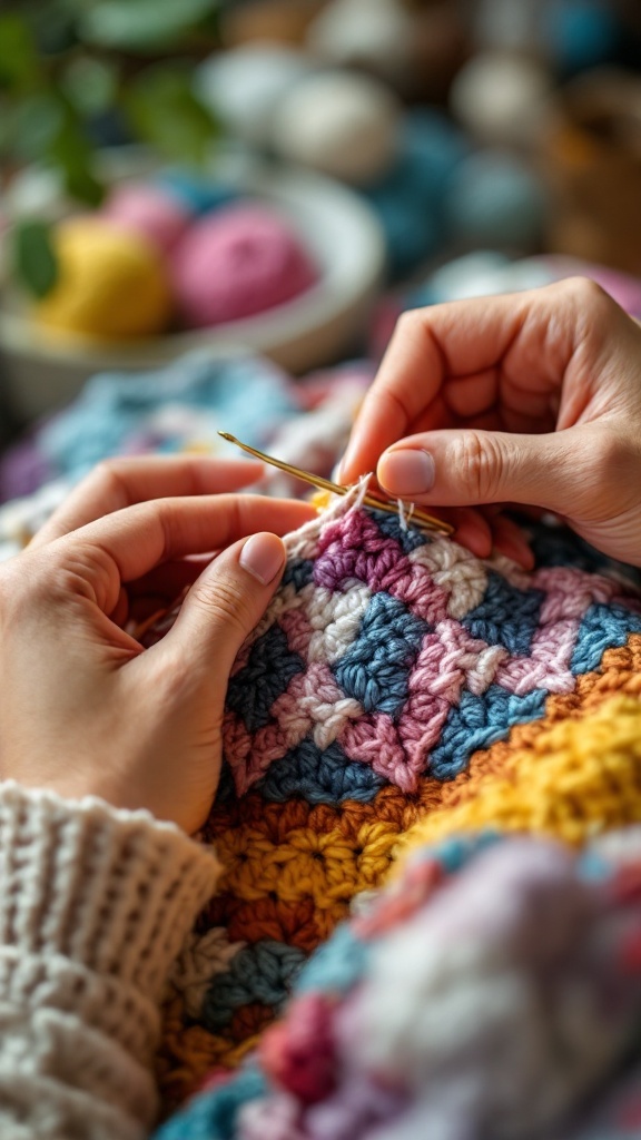 Hands crocheting a colorful blanket with a crochet hook and various yarn balls in the background.