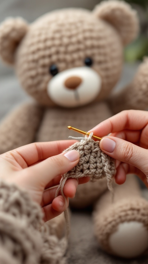 Close-up of hands crocheting a teddy bear with a finished bear in the background.
