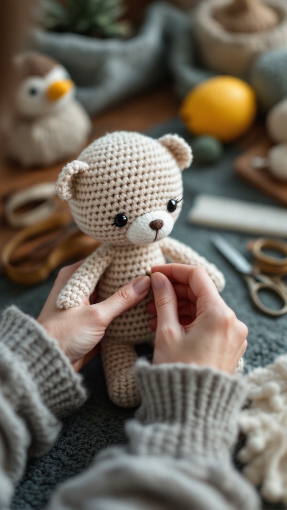 A person crocheting a beige stuffed bear, surrounded by crafting materials.