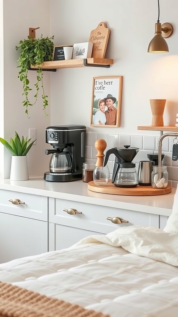 A cozy home coffee station featuring a coffee maker, grinder, and decorative elements.