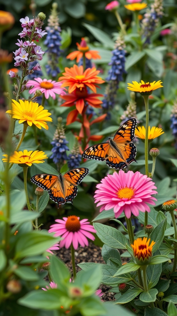 Colorful flowers with butterflies in a garden