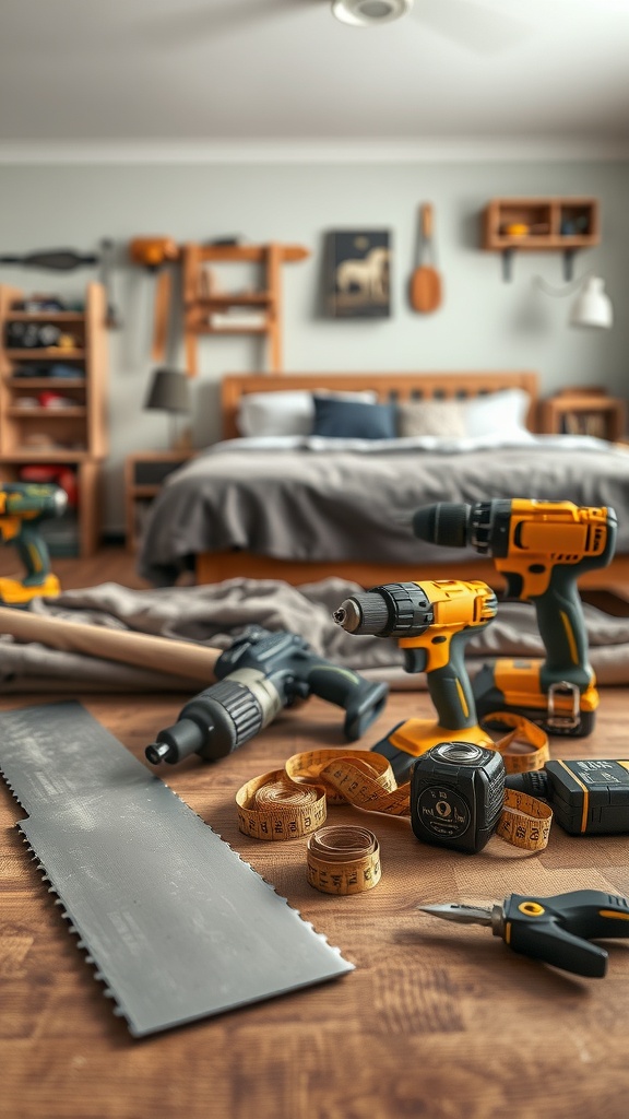 A variety of tools including drills, a saw, measuring tapes, and a knife arranged on a wooden surface, set in a cozy room.