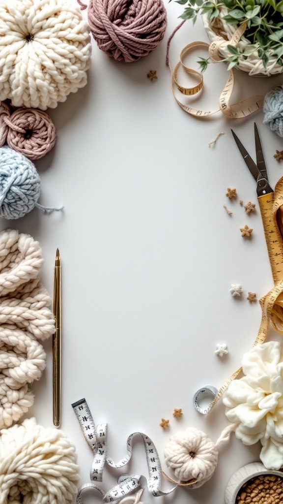 An array of crochet supplies including yarn, scissors, measuring tape, and a pen, arranged artistically.