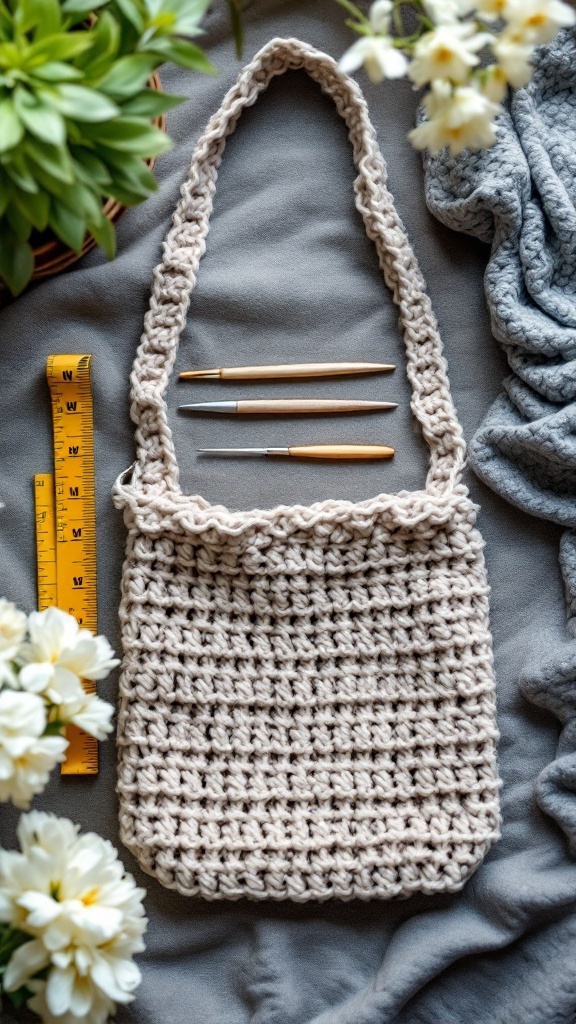 Crochet shoulder bag with tools including yarn, crochet hooks, and a measuring tape.