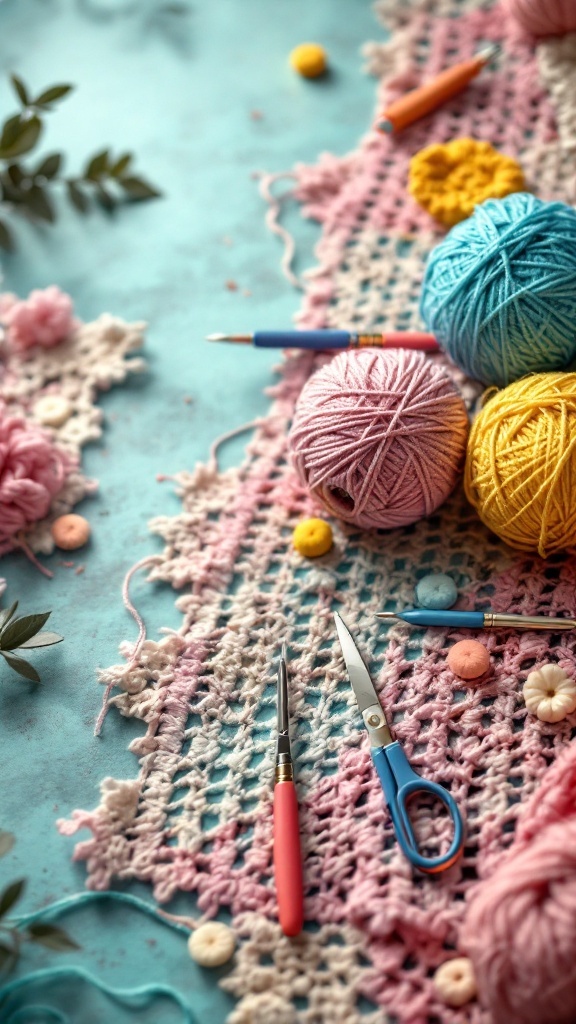 Colorful yarn balls, crochet hooks, and scissors on a crochet mat