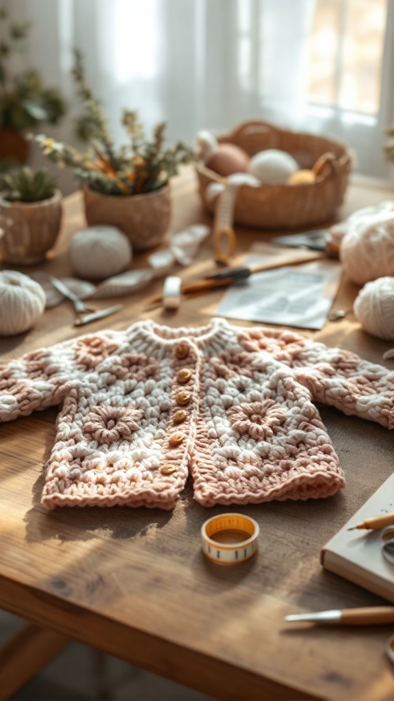 Crochet baby jacket with yarn and tools on a wooden table