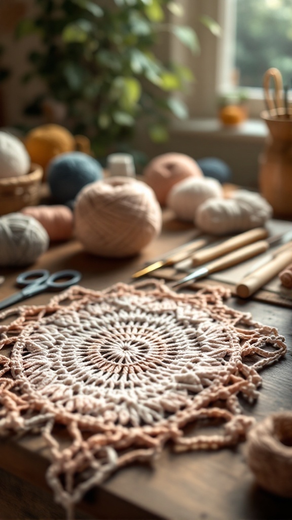 A crochet doily surrounded by various yarns and crochet tools on a table