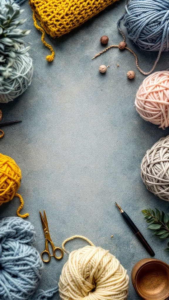 An assortment of yarns, scissors, and a pen scattered on a table