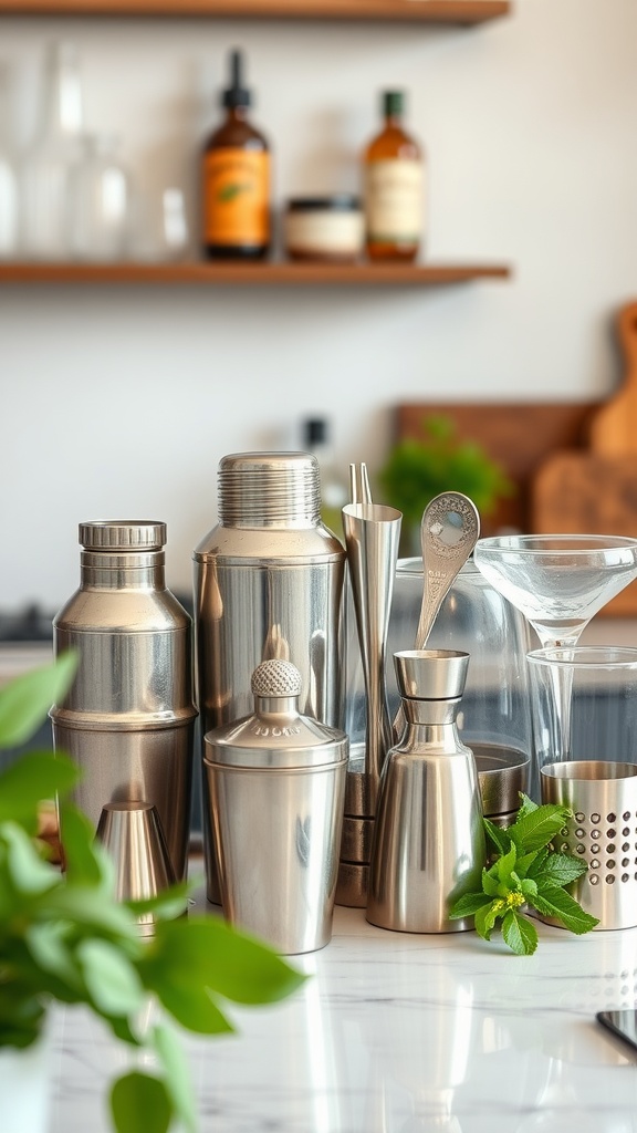 A stylish collection of essential bartending tools including shakers, jiggers, and a strainer, set against a modern kitchen backdrop.