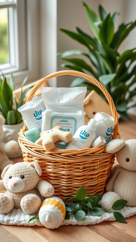 A wicker basket filled with baby care products, surrounded by soft toys and greenery.
