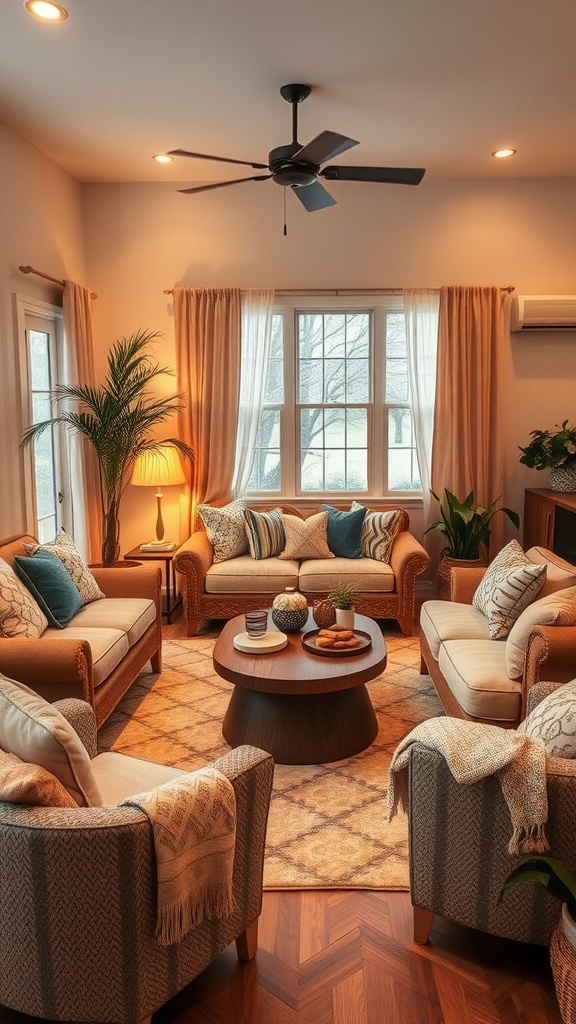 Cozy family room with comfortable seating, a coffee table, and large windows