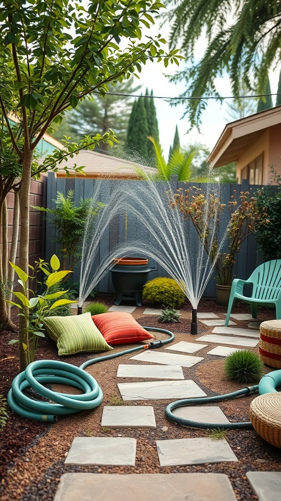 A backyard featuring a sprinkler system with colorful pillows, a stone path, and various plants.
