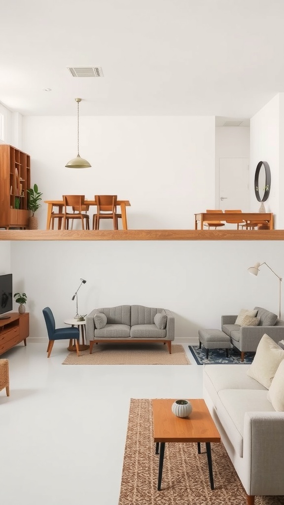 A modern dining room and living room combo showcasing clear zones with furniture.