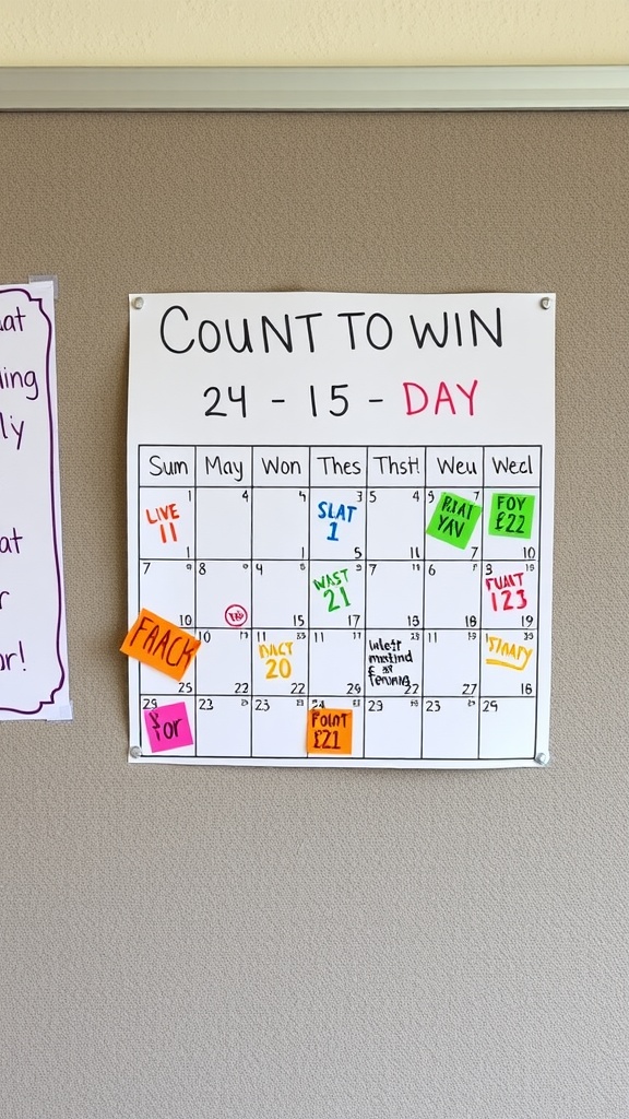 A colorful event countdown calendar with sticky notes on a bulletin board.