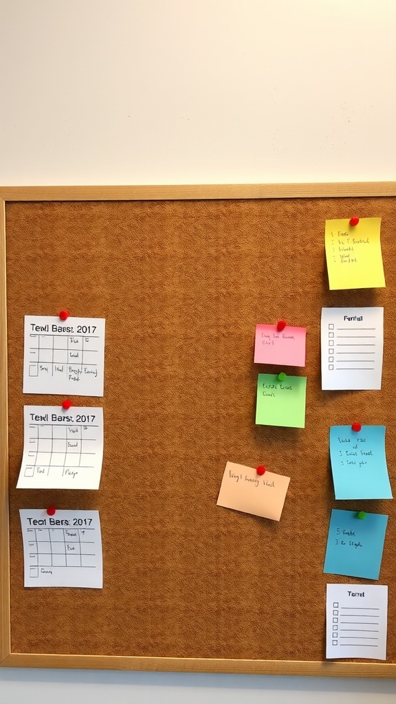 A cork board with colorful sticky notes and printed sheets for event reminders and planning.