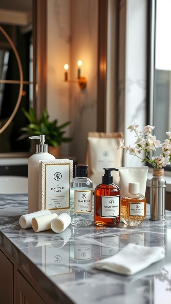 Display of luxury bathing products on a marble countertop
