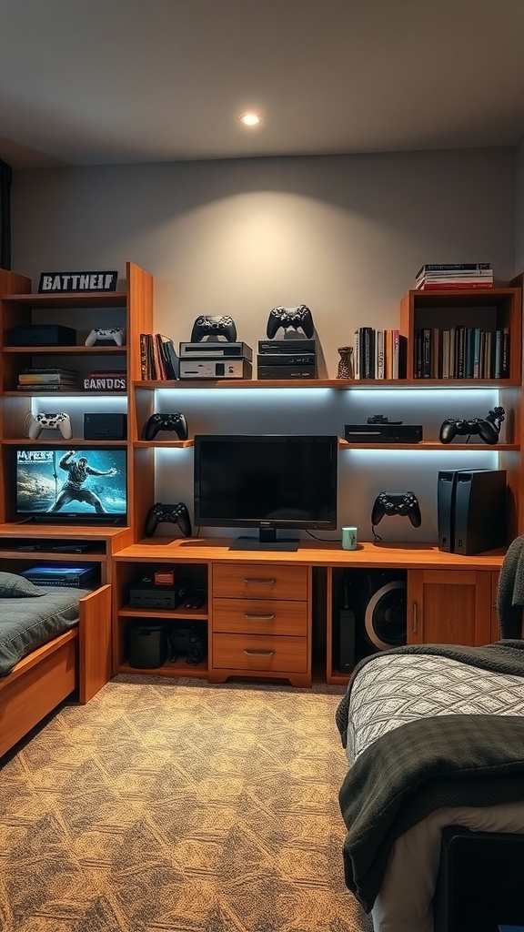 A gaming bedroom with expandable storage for consoles and games, featuring a TV and organized shelves.
