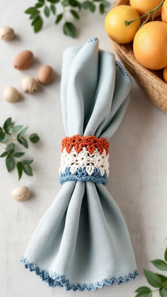 A beautifully crocheted napkin ring in vibrant colors, holding a light blue napkin, surrounded by oranges and leaves.