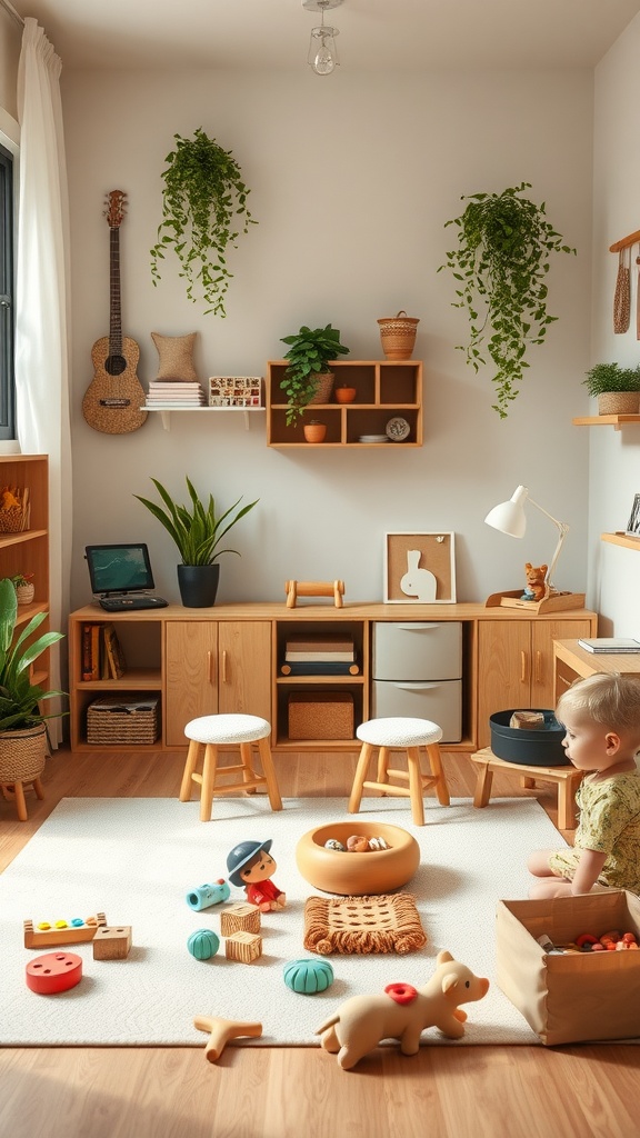 A cozy Montessori toddler room with play areas and plants.