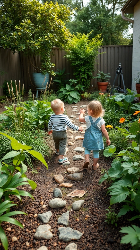 Two children walking on a stone path surrounded by plants in a backyard garden.