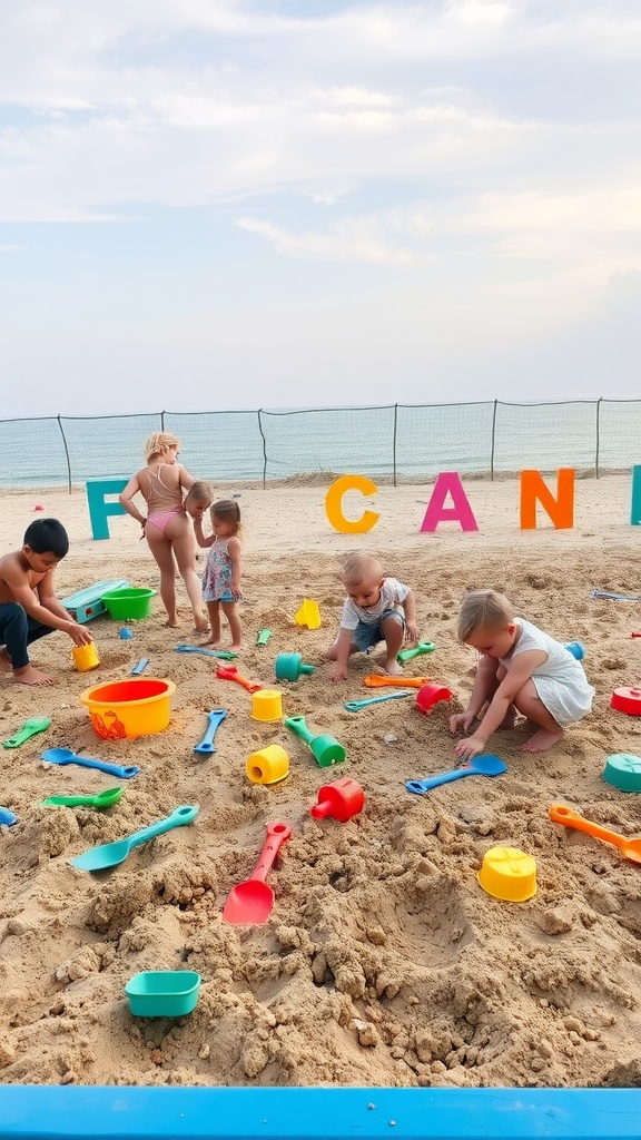 Children playing in a sandy area with colorful toys and buckets.