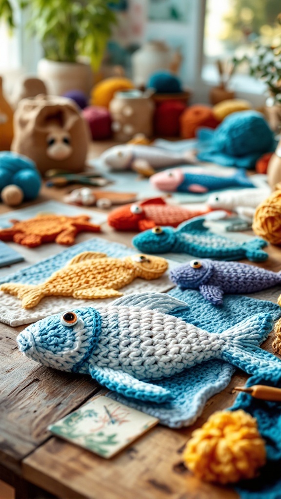 A collection of crochet fish in various colors, displayed on a wooden table, surrounded by yarn and crafting tools.
