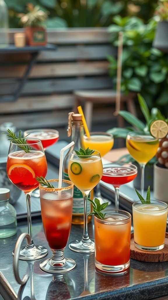 A variety of colorful cocktails displayed on a table in a backyard setting.