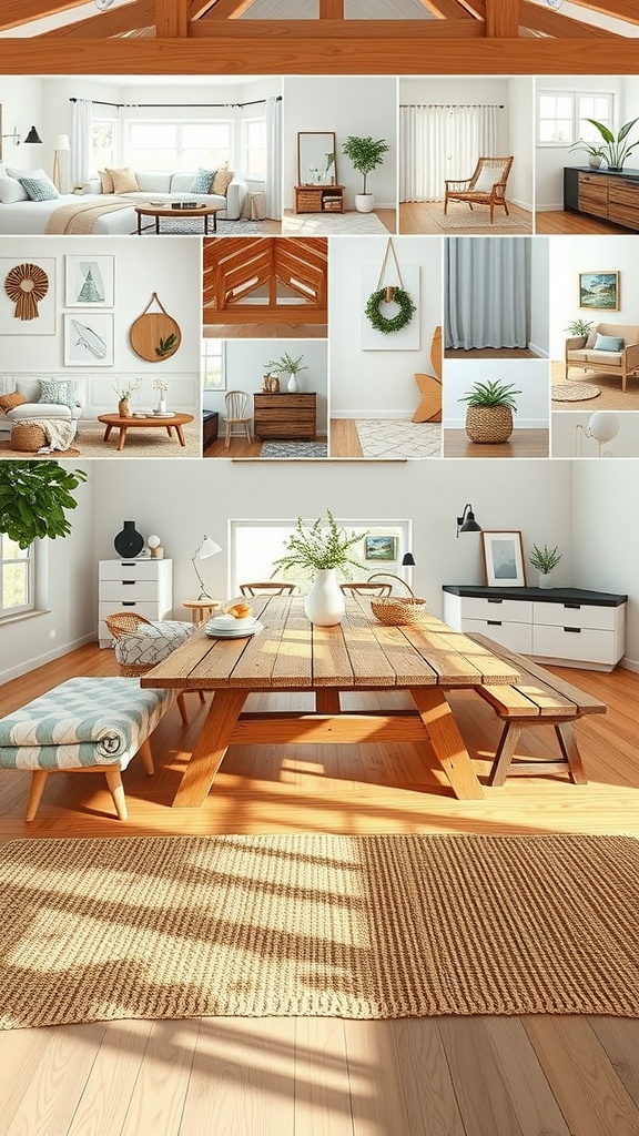 A spacious room featuring a rustic wooden picnic table with benches, surrounded by plants and simple decor.