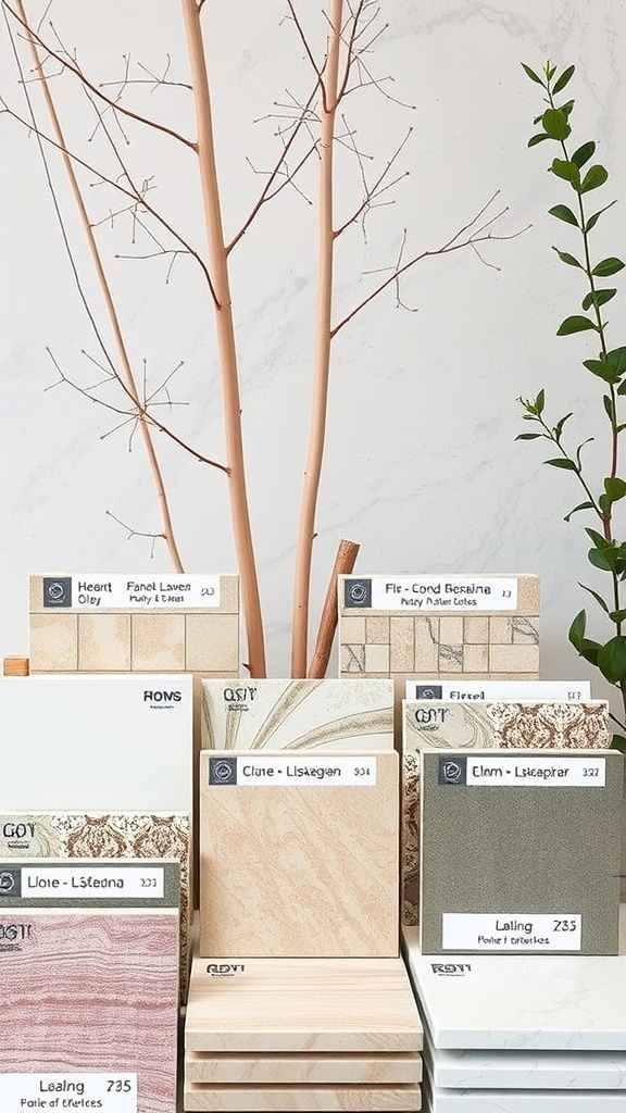 A display of various eco-friendly peel and stick floor tiles in different colors and textures.