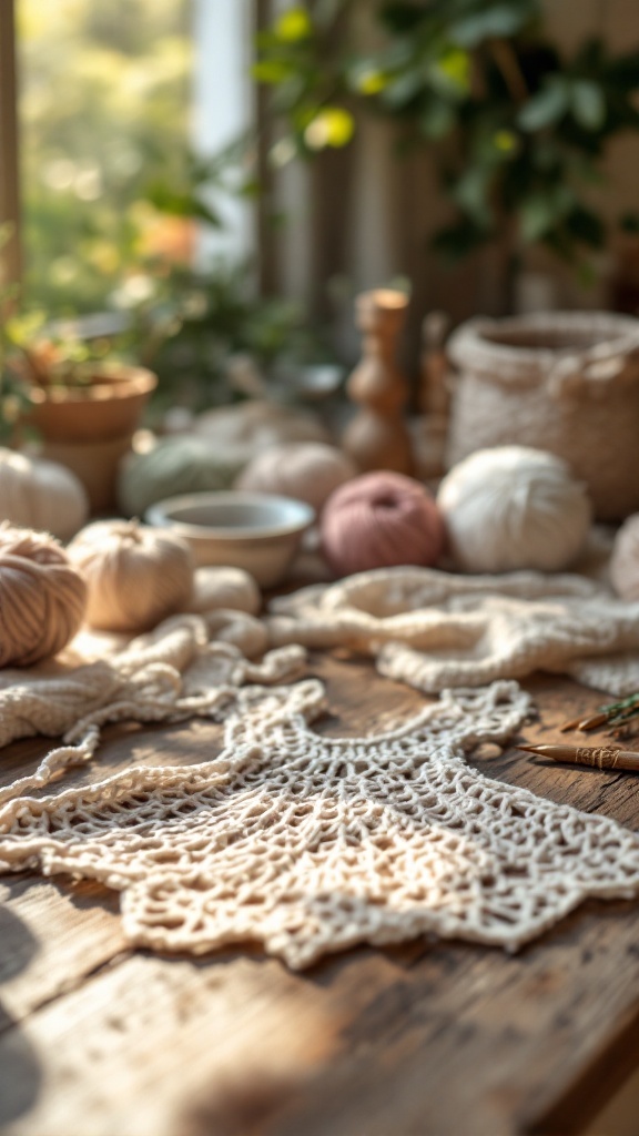 A delicate crochet baby dress on a wooden table surrounded by eco-friendly yarn balls and tools.
