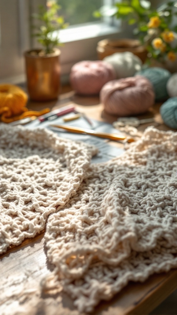 A cozy workspace with various yarns and crochet pieces, showcasing eco-friendly crochet options.