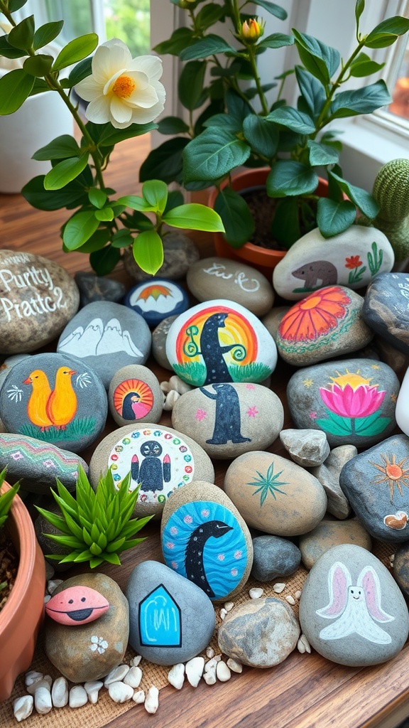 Colorful painted rocks displayed among plants, showcasing various artistic designs.