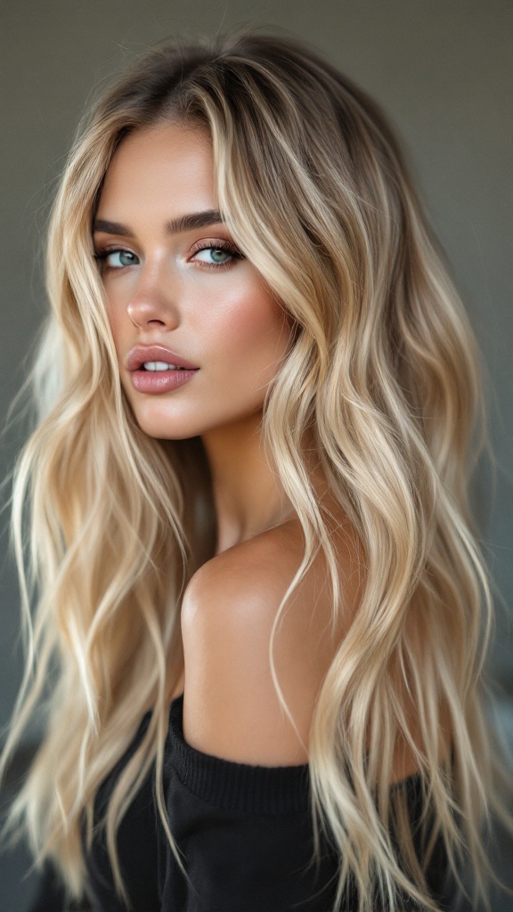 A woman with blonde highlights on dirty blonde hair, showcasing soft waves and a vibrant look.