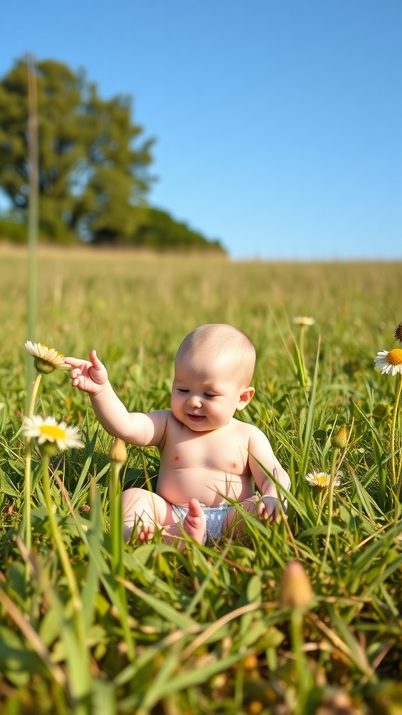 A baby sitting in a field of flowers, reaching out to a daisy under a blue sky.